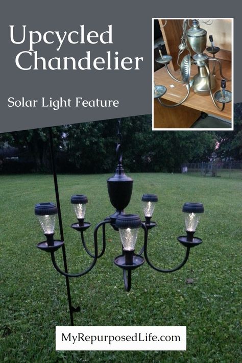 I Love this thrift store chandelier repurposed into a patio or garden solar light by #myrepurposedlife #repurposed #chandelier #outdoors #light #solar via @repurposedlife Solar Chandelier Outdoor, Solar Chandelier Diy, Solar Light Chandelier, Painting Patio Furniture, Backyard Solar Lights, Solar Chandelier, Diy Yard Decor, Garden Decor Crafts, Solar Patio Lights