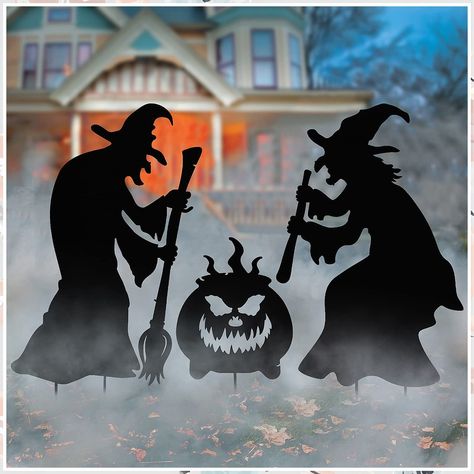 YoleShy Halloween Witch Stakes with Pumpkin Cauldron, 3 Piece Metal Outdoor Witch Halloween Decorations Scary Witch Silhouette, Black Halloween Garden Stakes Home Lawn Pathway Decorations Witches Yard Decorations, Outdoor Decor Halloween, Outdoor Witch, Porche Halloween, Halloween Fright Night, Imprimibles Halloween, Halloween Lawn, Witch Silhouette, Scary Witch