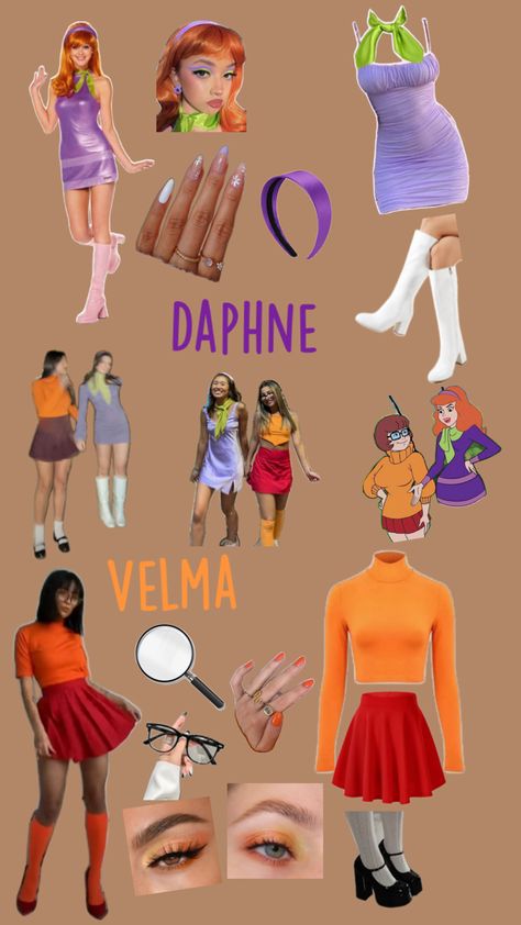 Daphne Costume Scooby Doo, Red Head And Brunette Halloween Costumes, Daphne Inspired Outfit, Velma Costume Ideas, Velma Inspired Outfit, Daphne Outfit Ideas, Halloween Dividers, Velma Makeup, Daphne And Velma Costumes