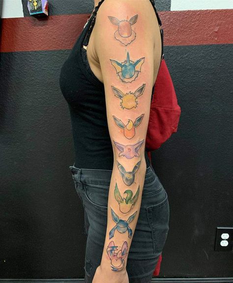 Eevee Tattoo Design, Eevee Evolutions Tattoo, Eeveelutions Tattoo, Eevee Tattoo, Gengar Tattoo, Flareon Pokemon, Colored Tattoos, Evolution Tattoo, Beach Fragrance