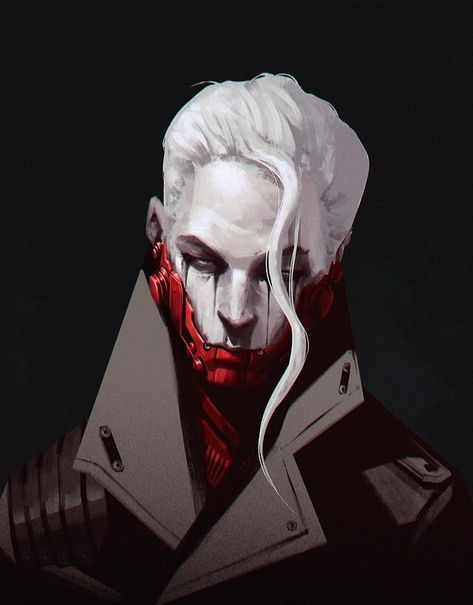 White Hair, Cyberpunk, A Black, Digital Painting, A Man, Red, Hair, White, Black