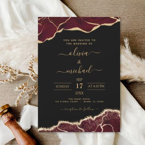 Agate Geode Black, Burgundy and Gold Foil Wedding Spring or Summer Wedding Invitations - includes modern beautiful and elegant script for the special Wedding day celebration. Maroon White And Gold Wedding, Burgundy Gold Black Wedding, Maroon Themed Wedding, Black Red Gold Wedding, Burgundy Black And Gold Wedding, Black Burgundy And Gold Wedding, Black And Maroon Wedding, Maroon And Black Wedding, Red And Black Wedding Invitations