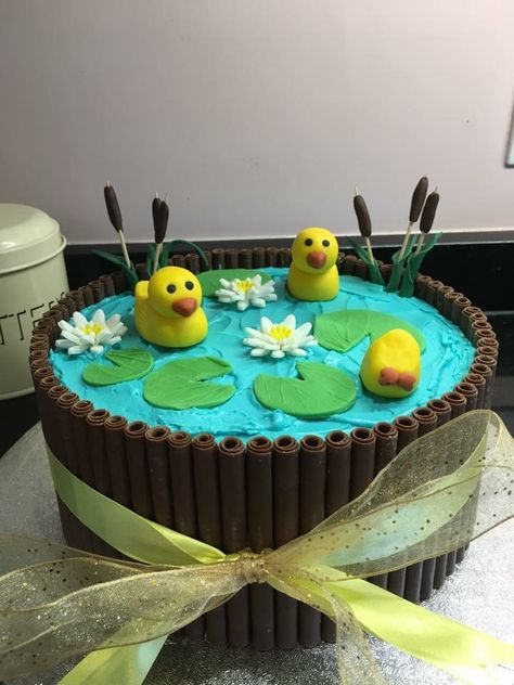 Pretty Duck pond birthday cake Duck Pond Cake, Pond Cake Ideas, Pond Birthday Cake, Duck Birthday Cake, Duck Cakes, Cake Duck, 2nd Birthday Cake Boy, Birthday Cake Boy, Watergate Cake