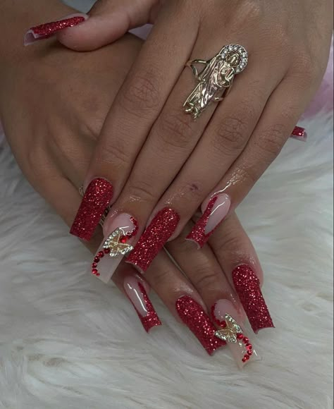 Red Nails Bling Gems, Red Quince Nails Medium Length, Red Nails Quinceanera, Red Nails Extra, Red Nails Butterfly, Red Rhinestone Acrylic Nails, Red And Silver Nails For Prom, Medium Red Nails, Red Prom Nail Ideas