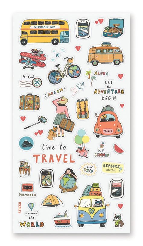 Travelogue Design, Travel Stickers Printable, Travel Doodles, Travel Clipart, Travel Journal Scrapbook, Time To Travel, Work Stickers, Scrapbook Stickers Printable, Travel Stickers