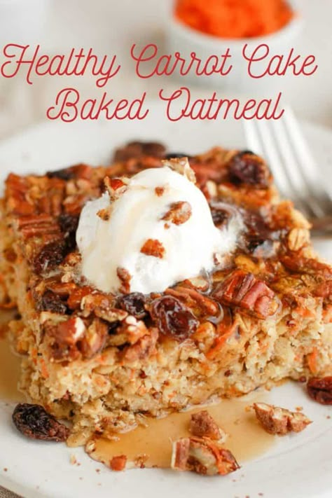 Healthy Carrot Cake Baked Oatmeal | Erin Lives Whole Carrot Cake Oats Healthy, Healthy Carrot Cake Baked Oatmeal, Healthy Carrot Cake Baked Oats, Healthy Carrot Cake Breakfast, Oatmeal Carrot Cake Bread, Baked Carrot Cake Oatmeal, Carrot Baked Oats, Carrot Baked Oatmeal, Carrot Cake Breakfast