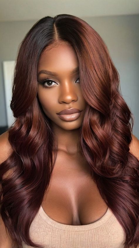 fall hair colors dark copper Fall Hair Inspo Black Women, Hair Colors For Dark Skin Black Women, Red Hair On Dark Skin Women, Copper Hair Dark Skin, Chocolate Hair Color Black Women, Black Girls Hair Color Ideas, Cinnamon Brown Hair Color On Black Women, Chocolate Brown Hair Color Black Women, Cinnamon Hair Color On Black Women