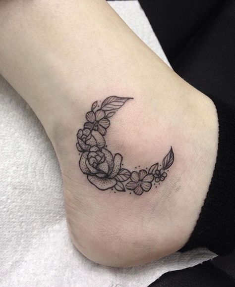 Floral Moon Ankle Tattoo by Medusa Lou Tattoo Artist - medusaloux@outlook.com Moon Tattoo On Ankle, Moon Ankle Tattoo, Mandala Ankle Tattoo, Oval Tattoo, Half Moon Mandala, Tattoo On Ankle, Rose Tattoo On Ankle, Ankle Tattoo For Girl, Cute Ankle Tattoos