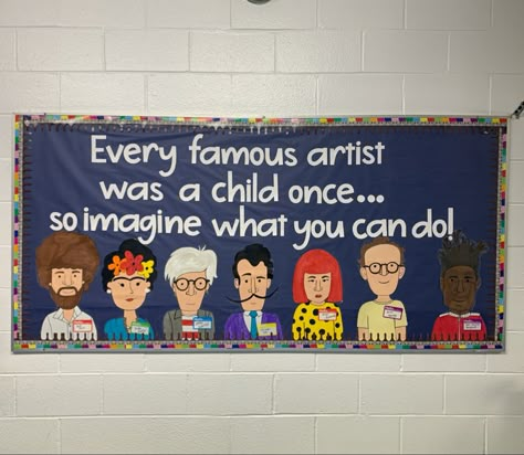 Famous Artist Bulletin Board, Art Classroom Setup Elementary, Art Room Themes, Art Room Bulletin Boards Elementary, Art Classroom Bulletin Board Ideas, Artist Of The Month Bulletin Board, Art Teacher Classroom Decorations, Art Room Bulletin Boards, Elementary Art Teacher Aesthetic