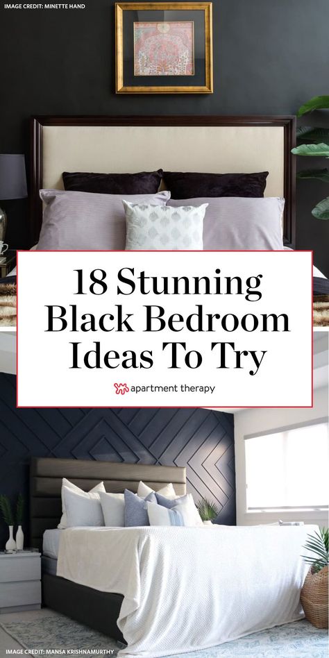 Black bedroom walls are having a moment, and it’s not difficult to see why. Along with creating a bold but sophisticated backdrop for a space, black paint can make a bedroom feel cozy, moody, and perfect for catching Zs. #bedroomideas #bedroomdecor #bedrooms #blackbedrooms #blackwalls #blackbedroomideas #bedroomdecorideas #cozybedroom #romanticbedroom Black Wall Guest Bedroom, Bedroom Decor With Black Wall, Cozy Black Bedroom Accent Wall, Master Bedrooms With Dark Walls, Black Walls Master Bed, Accent Wall Black Bedroom, Dark Bedroom Accent Wall Color, Master Black Accent Wall, Black Matte Walls Master Bedrooms