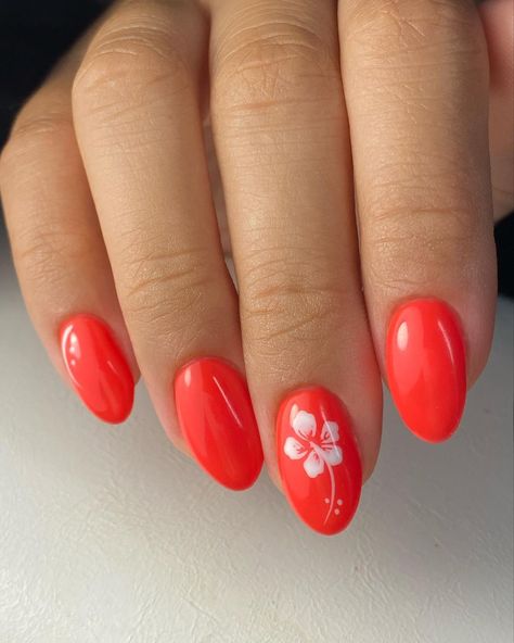 Andrea • Montreal Nail artist on Instagram: “Hand painted hibiscus flowers before summer ends 🌺 ⁣ ⁣ ⁣ ⁣ ⁣ ⁣ ⁣ ⁣ ⁣ ⁣ ⁣ ⁣ ⁣ ⁣ ⁣ ⁣ ⁣ #montreal #nailsmontreal #montrealnailart…” Coral Hibiscus Nails, Nails With A Flower Design, Nail Designs Hawaiian Flowers, Simple Summer Nails No Design, Aloha Flower Nails, Pretty Nails With Designs, Nail Designs Hibiscus Flower, Nail Art Hibiscus Flower, Red Nails With Hibiscus Flower