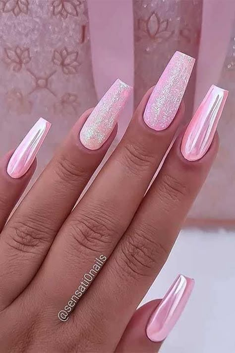 Metallic And Glitter Nails, Pink Chrome Nails With Glitter, Pink Crome Valentines Nails, Pink And Silver Valentine Nails, Pink Nail Acrylic Designs, Pink Chrome Nails With Rhinestones, Pink Acrylic Nails Designs Glitter, Pink Chrome Nails With Hearts, Gorgeous Nails Coffin