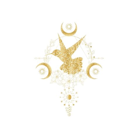 Golden hummingbird with flowers, sun, ma... | Premium Vector #Freepik #vector #witchcraft #occult #mystic #alchemy Golden Hummingbird, Hummingbird With Flowers, Sun Moon Tattoo, Moon Sun Tattoo, Sun Mandala, Hummingbird Art, Moon Illustration, Moon Tattoo, Sun Moon