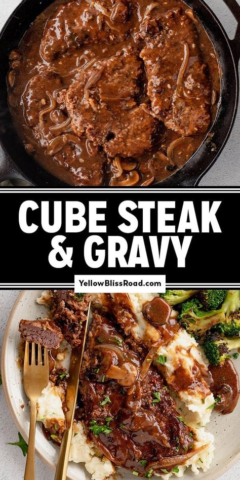 Cube Steak and Gravy How To Make Cube Steak And Gravy, What Can I Make With Cubed Steak, Best Cubed Steak And Gravy, Tender Cube Steak Recipes Oven, How To Make Cube Steak Tender, Oven Baked Cubed Steak With Gravy, Cube Steak With Mushroom And Onion Gravy, Cubed Steak Recipes, Steak And Gravy Recipe