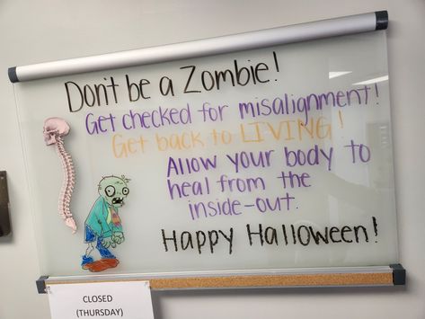 Chiropractic Office Ideas, Chiropractic Halloween, Fall Chiropractic Quotes, Halloween Chiropractic Boards, Thanksgiving Chiropractic Boards, Chiropractic Office Decor, Chiropractic Marketing, Chiropractic Quotes, Office Halloween Decorations