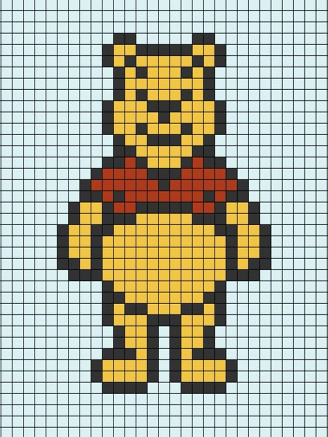 A pixel art template of Pooh Bear from Winnie the Pooh. Winnie The Pooh Pixel Art Grid, Winnie The Pooh Perler Beads, Pooh Pixel Art, Winnie The Pooh Pixel Art, Bear Pixel Art, Disney Pixel Art, Pixel Art Disney, Pooh Cross Stitch, Small Pixel Art