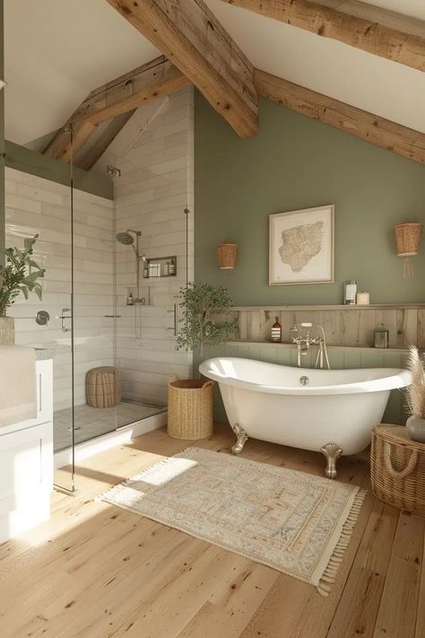 Modern Farmhouse Bathroom Master Suite, Small Boho Farmhouse Bathroom, Master Bath Small Space, Small Country House Decor, Country House Bathroom Ideas, Earthy Master Bath Ideas, Cozy White Bathroom, Calm Bathroom Aesthetic, Best Bathroom Designs Modern