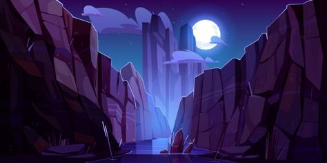 Mountain river in canyon at night | Free Vector #Freepik #freevector #nature #cartoon #mountain #landscape Mountains Background, Cartoon Mountain, Flat Landscape, Nature Cartoon, Castle Vector, Mountain Landscape Photography, Mountain Background, Scenery Background, Mountain Wallpaper