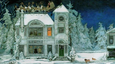 Jan Brett 'The Night Before Christmas' 1998 (formatted for computer wallpaper 1920x1080) Computer Wallpaper 1920x1080, For Computer Wallpaper, Jan Brett, Christmas Card Illustration, Wallpaper 1920x1080, Nostalgic Art, Night Before Christmas, Magical Art, Fantasy Paintings