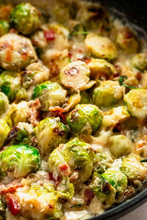 Enjoy this simple creamy Brussels sprouts with bacon. It's creamy, bubbly goodness with lots of green veggies. Get ready to win over everyone, whether they love veggies or need a little convincing!rn Creamy Garlic Brussel Sprouts, Creamy Brussels Sprouts With Bacon, Creamed Brussel Sprouts With Bacon, Creamy Brussel Sprouts With Bacon, Creamy Bacon Brussel Sprouts, Brussel Sprout Recipes With Bacon And Cheese, Creamy Brussel Sprouts Bacon, Creamy Brussel Sprout Recipes, Brussel Sprout Recipes With Bacon Oven