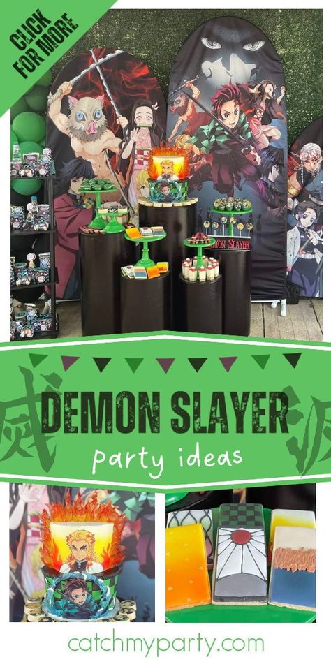 Check out this awesome Demon Slayer birthday party! The cake is a master-piece! See more party ideas and share yours at CatchMyParty.com Demon Slayer Themed Cake, Demon Slayer Birthday Party Cake, Demon Slayer Birthday Ideas, Manga Party Ideas, Demon Slayer Party Food, Demon Slayer Themed Birthday Party, Demon Slayer Party Decorations, Demon Slayer Birthday Party Decorations, Demon Slayer Birthday Party Ideas