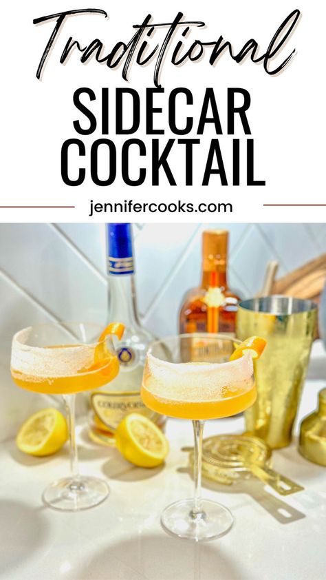 The Traditional Sidecar Cocktail is a timeless classic that blends the smoothness of cognac, the sweetness of Cointreau, and a zesty kick from freshly squeezed lemon juice. This refreshing drink, with a sugared rim and an orange twist, is perfect for any occasion. Whether you're hosting or relaxing, this sophisticated cocktail never goes out of style. Sidecar Cocktail, Diy Juice, Alcoholic Punch Recipes, Non Alcoholic Punch, Sausage Stuffed Mushrooms, Squeezed Lemon, Orange Twist, Sparkling Drinks, Savory Appetizer