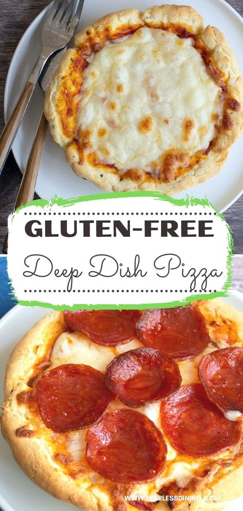 This delicious homemade gluten free deep dish pizza recipe is so easy to make. It has a fluffy, thick crust, savory sauce, lots of melty cheese, and all of your favorite toppings. Gluten Free Pan Pizza, Gluten Free Pizza Dough Bobs Red Mill, Fluffy Gluten Free Pizza Crust, Gluten Free Deep Dish Pizza, Non Dairy Pizza, Gluten Free Pizza Crust Recipe Easy, Dairy Free Cauliflower Pizza Crust, Easy Gluten Free Pizza Dough, Deep Dish Pizza Dough Recipe