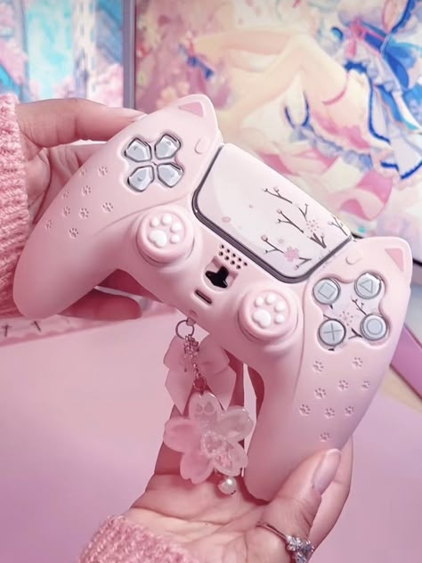 Pink Ps5, Pink Playstation, Nintendo Switch Cute, Ps5 Skin, Set Up Gamer, Pink Games, Bear Cat, Playstation Controller, Gamer Setup