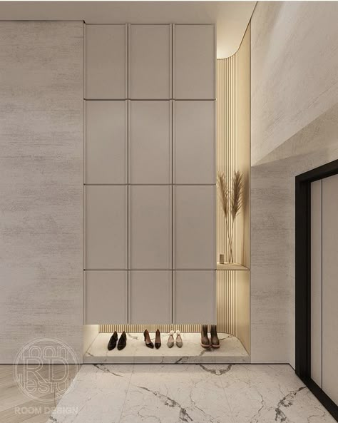 Entrance Shoes Ideas, Foyer With Storage Entrance, Entrance Cabinet Design, Foyer Design Modern Entrance, Entrance Shoe Cabinet, Contemporary Foyer, Modern Shoe Storage, Foyer Cabinet, Storage Lighting