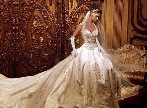 This is the most Beautiful wedding dress I ever seen it has a gourgose long train and Beautiful sequeins and the satin gloves pull the dress together and her bail is Beautiful it's long and dealaget it a Beautiful dress LOVE IT. Cream Wedding Dresses, Victorian Wedding Dress, Gold Wedding Dress, Most Beautiful Wedding Dresses, Beautiful Wedding Gowns, Victorian Wedding, Rita Hayworth, A Wedding Dress, Ivory Wedding Dress