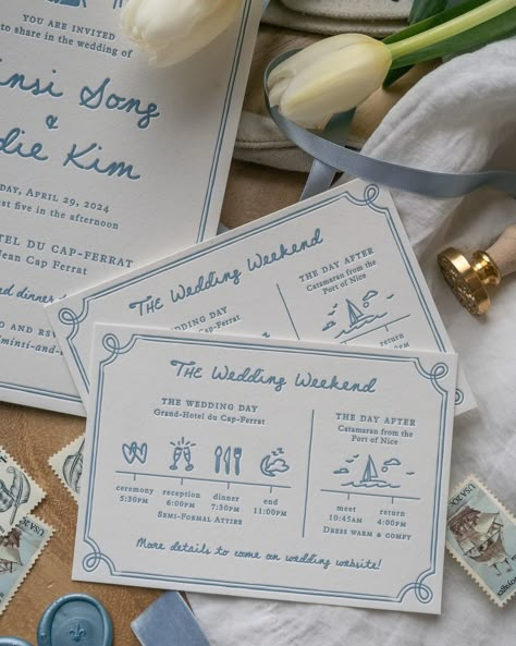 M+E’s precious invitations for their French coastal wedding featuring a letterpress print, custom venue illustration printed on vellum, and handdrawn illustrations of the couple and weekend timeline activities. We love how the antique label holder and baby blue satin ribbon tie all the elements together for a whimsical, one of a kind finish. 💙🛥️ . . . . . . . . #luxuryweddingstationery #luxuryweddinginvitations #customweddingstationery #customweddingdesign #classicwedding #minimalwedding #ele... Classic Coastal Wedding, French Invitation, Timeline Activities, Blue Wedding Invitation Suite, Wedding Invitations Ribbon, Coastal Illustration, Wedding Invite Ribbon, Ribbon Wedding Invitations, Coastal Wedding Invitation Suite