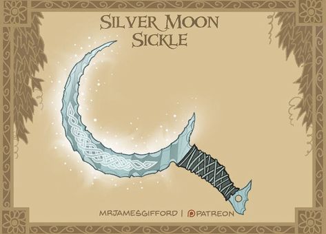 Moon Sickle Dnd, Moon Sickle Fantasy Art, Fantasy Sickle Design, Dnd Moon Druid, Sickle Dnd, Fantasy Sickle, Druid Sickle, Halfling Paladin, Sickle Design