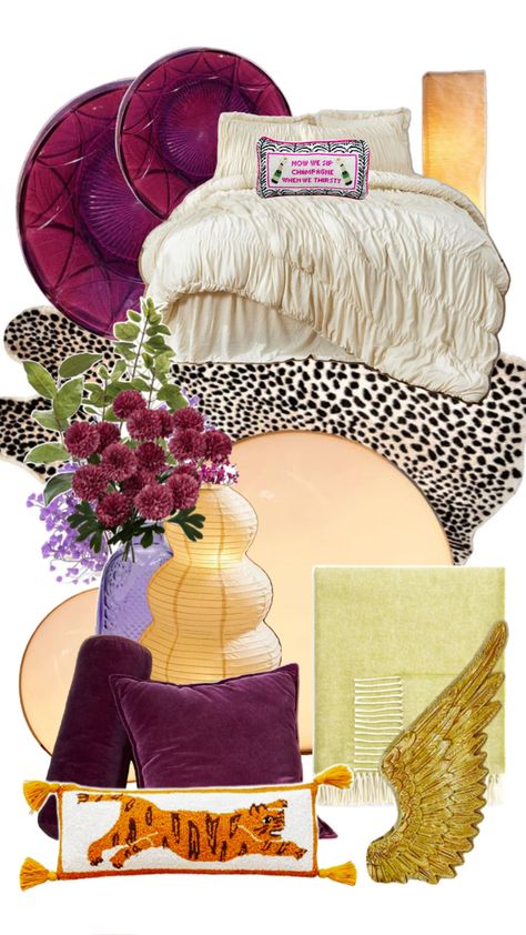 •	Cozy ruched bedding for ultimate comfort. 	•	Statement plates in deep magenta. 	•	Plush velvet pillows in royal purple. 	•	Chic embroidered pillows with quirky quotes and motifs. 	•	Elegant glass vases in warm tones. 	•	Unique accent decor like the golden wing and vibrant flowers.  Get inspired to create your own dreamy sanctuary with Urban Outfitters’ unique home decor pieces! 🛋️💫  #UrbanOutfitters #HomeDecor #BedroomInspiration #InteriorDesign #EclecticStyle #PinterestContest Magenta Decor, Ruched Bedding, Embroidered Pillows, Deep Magenta, Quirky Quotes, Vibrant Flowers, Dream House Rooms, Apartment Decor Inspiration, Teen Bedroom Decor