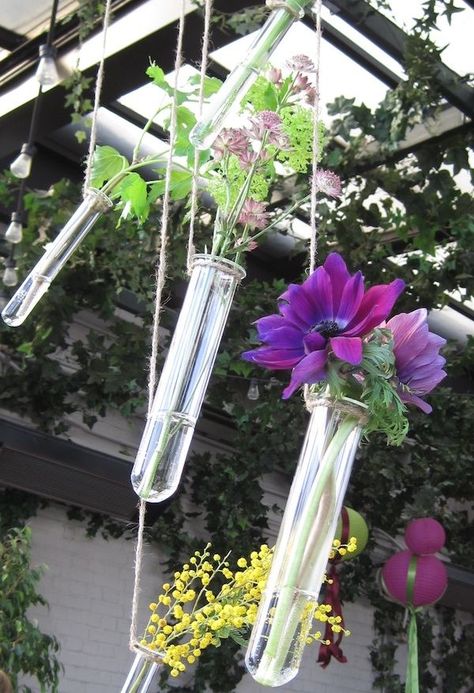 Tube vases flower hanging Geeky Wedding Ideas, Gramercy Park Hotel, Home Decor Dyi, Geeky Wedding, Cheap Wedding Decorations, Flowers Hanging, Gramercy Park, Flower Chandelier, Test Tubes