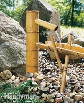 Recirculating pump, really like this!  How to Build a Bamboo Water Feature | The Family Handyman Bamboo Water Feature, Shishi Odoshi, Bamboo Water Fountain, Bamboo Fountain, Diy Water Feature, Tea Houses, Small Water Features, Backyard Water Feature, Japanese Garden Design