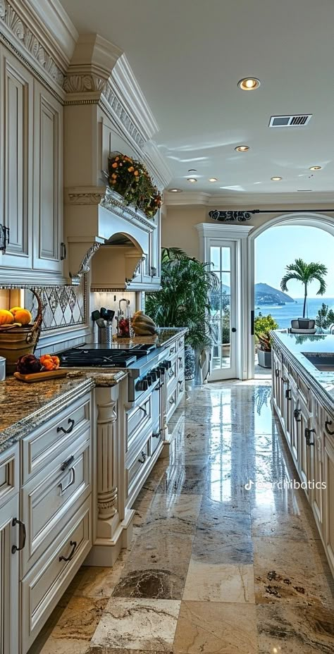 Kitchen With Atrium, Old Money Aesthetic Kitchen, Modern Tuscan Style Homes, House Decor Color Schemes, Rich Home Aesthetic, Future House Aesthetic, Future House Interior, Small Cute House, Old Money Kitchen