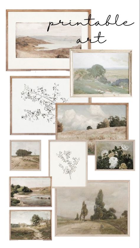 Donwload art on Etsy and vintage frames ar thrift stores. Landscape prints. Farmhouse. Botanical prints. Landscape Prints Art, Vintage Landscape Prints, Vintage French Country Living Room, Bathrooms With Beadboard, Vintage Frame Wall, Free Wall Art Prints, Free Vintage Art, Vintage Floral Painting, Sage Bedroom