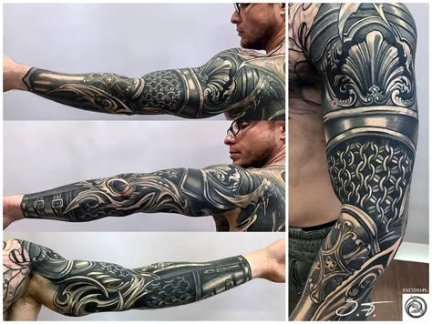 Armor Back Tattoo, Armor Forearm Tattoo, Gladiator Armor Tattoo, Tattoo Armor, Forearm Tattoo For Men, Armor Sleeve Tattoo, Armour Tattoo, Biomech Tattoo, Shoulder Armor Tattoo