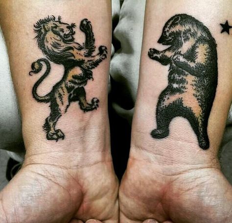 Ohhh I like, bear and lion tattoo Bear And Lion Tattoo, Lamb Tattoo, Lion And Lamb, Bear Tattoo, American Traditional Tattoo, Lion Tattoo, Matching Tattoos, American Traditional, Fallout