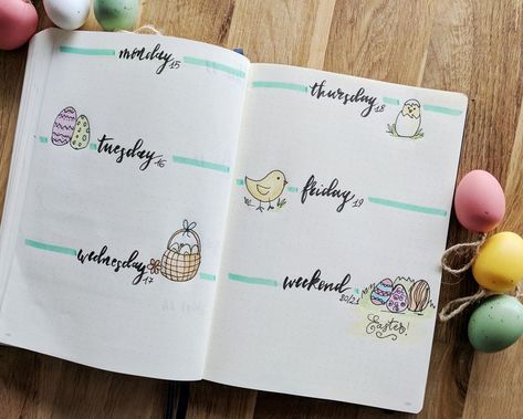 Easter Journal Ideas, Easter Bujo Theme, Easter Journaling Ideas, Bullet Journal Avril, Easter Bujo, April Bullet Journal Weekly Spread, Easter Bullet Journal, April Stickers, Easter Journal