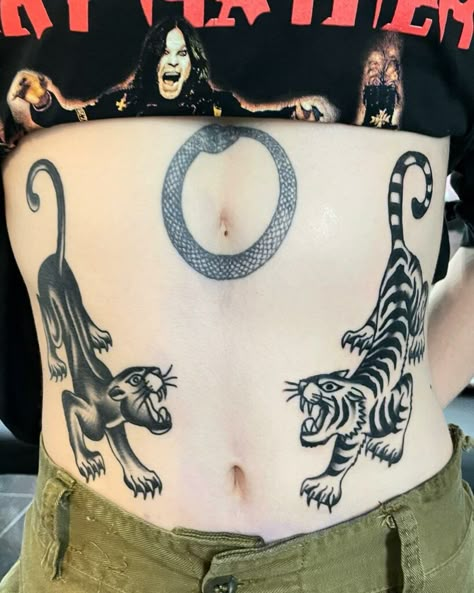 Black Panther Hip Tattoo, Jaguar Stomach Tattoo, American Traditional Big Cat Tattoo, Panther Hip Tattoo, Panther Stomach Tattoo, Snake Wrapped Around Leg Tattoo, American Traditional Stomach Tattoo, Traditional Tattoo Back, Panther Traditional Tattoo