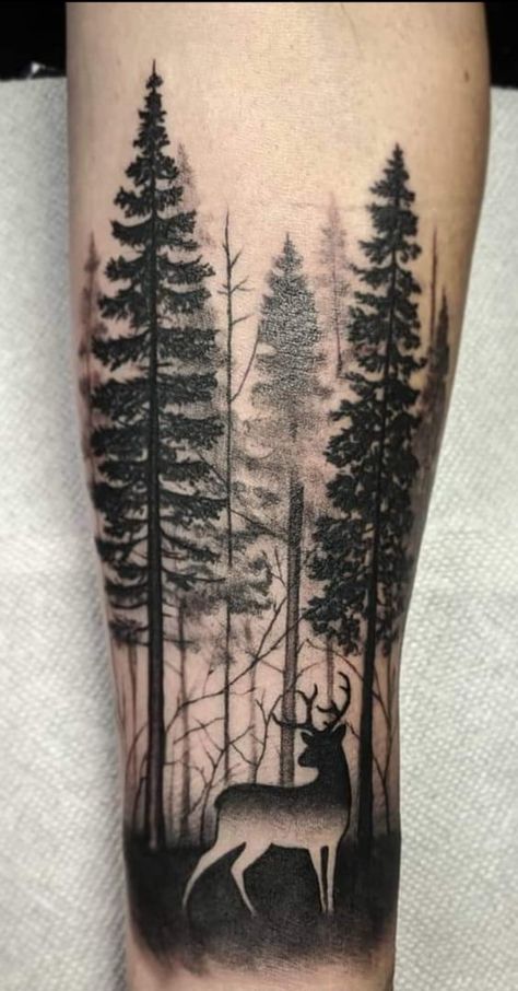 black and white deer in pine forest on forearm tattoo Deer And Forest Tattoo, Tree And Deer Tattoo, Black And Grey Forest Tattoo, Forest Deer Tattoo, Tree Line Forearm Tattoo, Womens Wolf Tattoo Ideas, Deer Tree Tattoo, Deer In Woods Tattoo, Forrest Arm Tattoo