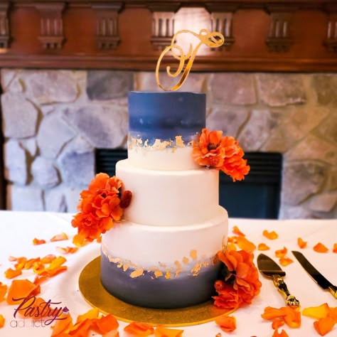 3 Tier Wedding Cake Navy Blue, Burnt Orange And Navy Wedding Cake, Navy Blue And Burnt Orange Wedding Reception, Navy Blue And Orange Wedding Decorations, Wedding Cake Orange And Blue, Navy Blue And Rust Wedding Cake, Blue Orange And Gold Wedding, Navy Blue And Burnt Orange Wedding Black People, Navy Blue And Orange Wedding Cake