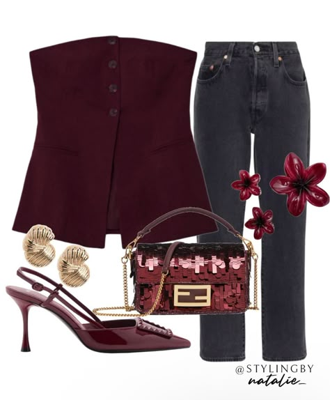 Burgundy Slingback Heels Outfit, Smart Party Outfit, Black Sequin Top Outfit, Burgundy Heels Outfit, Outfit Bordeaux, Burgundy Top Outfit, 2025 Fits, Heels Flower, Outfit For Autumn