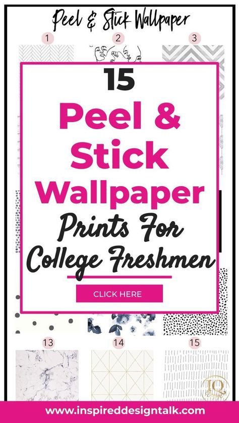 This post is all about 13 peel and stick wallpaper prints for college dorms. Click through to see all the awesome colors, prints and designs. #wallpaper Dorm Wallpaper Ideas, Wallpaper For Dorm Rooms, Peel And Stick Wallpaper Dorm Room, Dorm Room Wallpaper, Removable Wallpaper Dorm, Dorm Wallpaper, Stick Wallpaper Ideas, Peel And Stick Wallpaper Ideas, Boy College Dorms