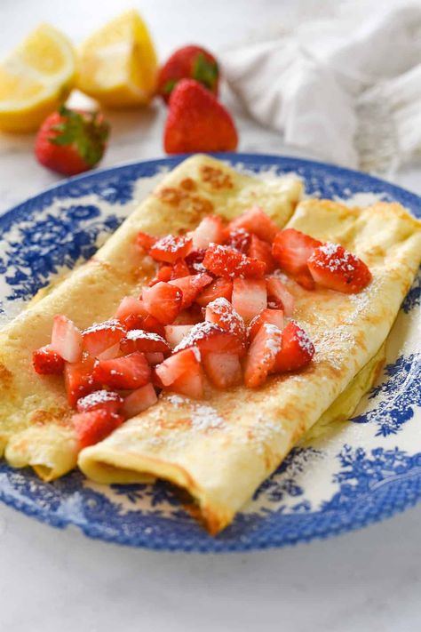 Swedish Pancakes for One are light and tender and come together in minutes. Top them with your favorite fresh berries, a squeeze of lemon juice and a dusting of powdered sugar. Swedish Pancakes Recipe, Pancakes For Two, Pancakes For One, Breakfast Cake Recipes, Swedish Pancakes, French Crepes, Pancakes Easy, Breakfast Cake, Pancakes And Waffles