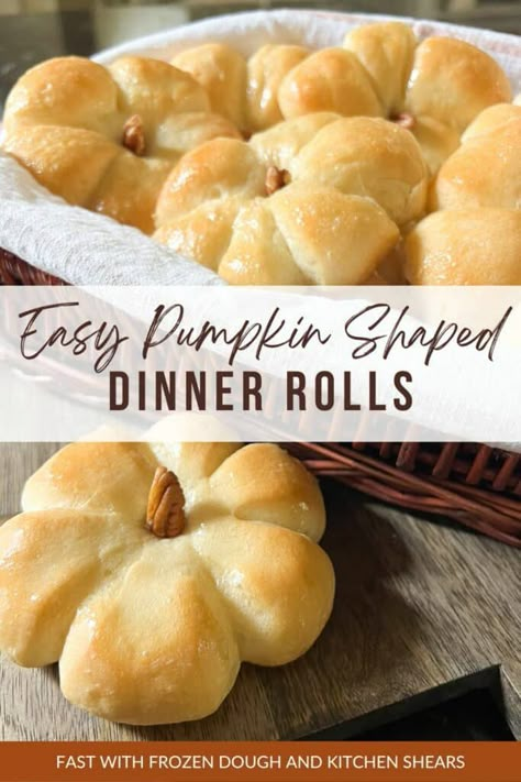 These pumpkin rolls are so easy to make using frozen dinner roll dough and kitchen shears. They're the perfect extra touch for Thanksgiving dinner or any special fall meal! Pumpkin Shaped Rolls, Pumpkin Dinner Rolls, Pumpkin Dinner, Thanksgiving Bread, Rhodes Rolls, Pumpkin Rolls, Frozen Dinner, Fall Meal, Spiced Butter