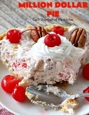 Million Dollar Pie | Can't Stay Out of the Kitchen | this creamy #pie is so spectacular you will find yourself drooling over every bite! It's really easy too. #dessert #cherries #pineapple #coconut Millionaire Pie Recipe, Pie No Bake, Millionaire Pie, Weight Watcher Desserts, Pineapple Desserts, Spend With Pennies, Low Carb Dessert, Easy Pie, Pineapple Cake