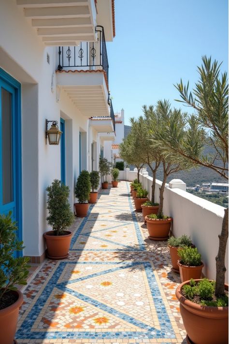 Bright Mediterranean balcony with colorful mosaic tile floor and olive trees Durable Flooring Ideas, Balcony Flooring Ideas, Mediterranean Balcony, Mosaic Tile Flooring, Balcony Apartment, Balcony Tiles, Balcony Flooring, Cozy Furniture, Mosaic Floor Tile