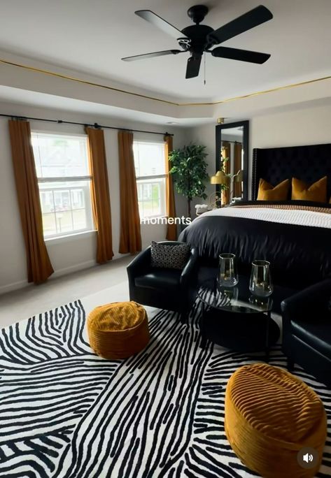 All Black Bedding Bedroom Ideas, Black And White Bedroom Ideas Apartment, Orange And Black Room Ideas, Room With Black Bed, Black And White Bedroom Decor Ideas, Dark And Moody Decor, Renter Friendly Bedroom Ideas, Bedroom Ideas With Black Bed, Black Decor Bedroom